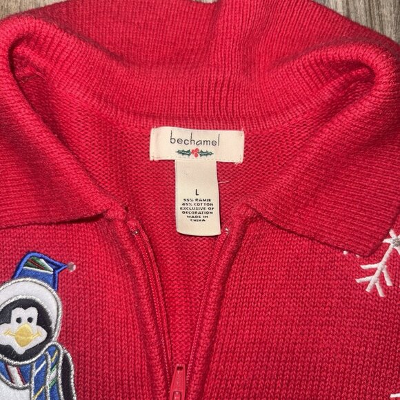 Vintage Bechamel Christmas Holiday Penguin Red Cardigan. Size Large - Picture 3 of 4